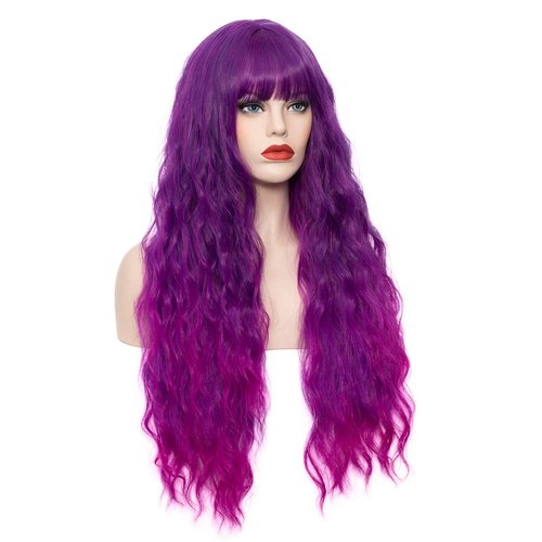 WGPFWIG Women's Bright Purple Ombre Wig 27 Inches Long Curly Wavy Hair Wig Heat Resistant Fibers Synthetic Wig For Women Girl Cosplay Party Halloween Wig Cap Included (Bright Purple Ombre)