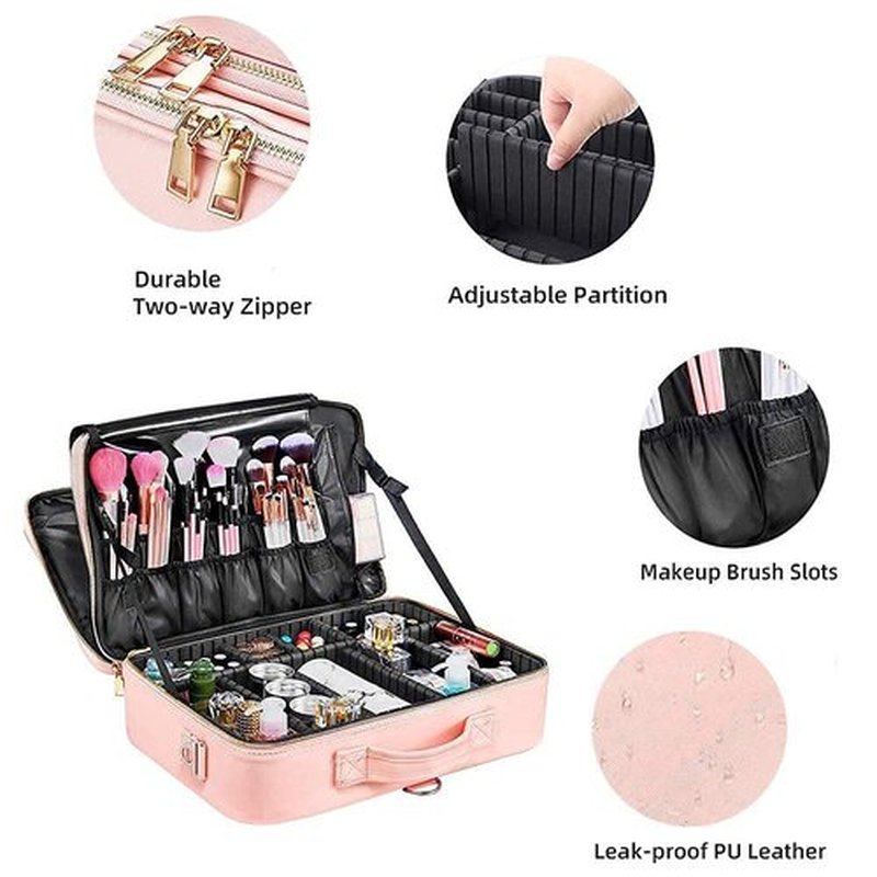 gzcz Travel Makeup Case Large Capacity Cosmetic Case Organizer 16 Inches Waterproof Portable Artist Makeup Storage Bag with Adjustable Dividers and Shoulder Strap for Makeup Brushes Jewelry, Pink