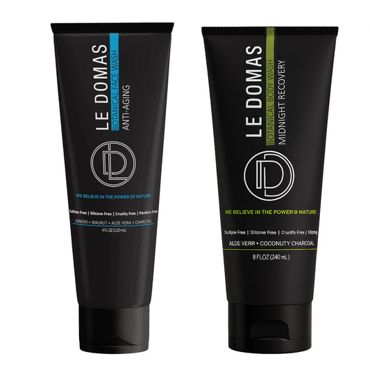 LE DOMAS Body Wash & Face Wash Set for Men & Women – Natural Skincare with Aloe Vera, Rice & Coconut Charcoal, Hydrating Moisturizer & Oil Cleanser, Travel Size Skin Care Products for All Skin Types