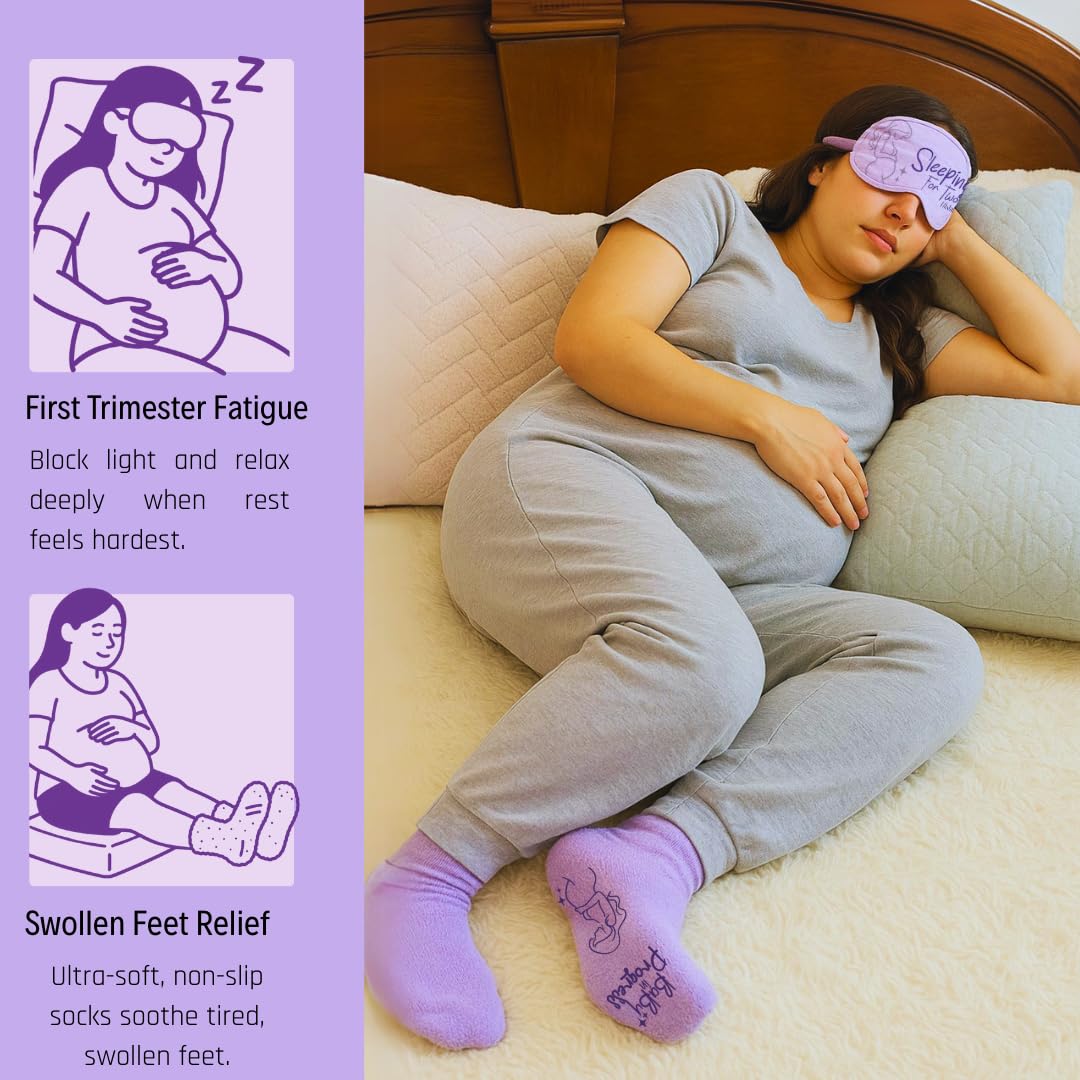 Eli & Val Mommy to Be Pregnancy Care Package – Soft Cotton Blend Maternity Sleep Mask with Elastic Closure and Fuzzy Socks Set, Purple