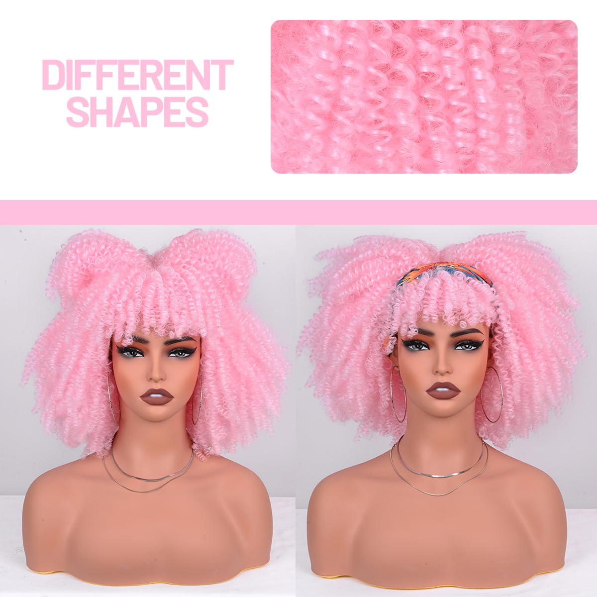 Vitorish Afro Kinky Curly Wig with Bangs 12 Inches Synthetic Full Wigs about 280g/Piece Heat Resistant Short Kinky Curly Wigs for Daily Party Cosplay Pink Wig
