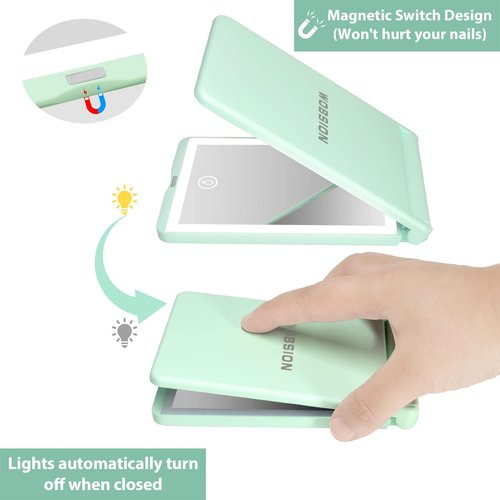 wobsion Lighted Compact Mirror, Rechargeable Travel Makeup Mirror,1x/3x Magnifying Mirror with LED Lights, Portable Handheld Magnetic Switch