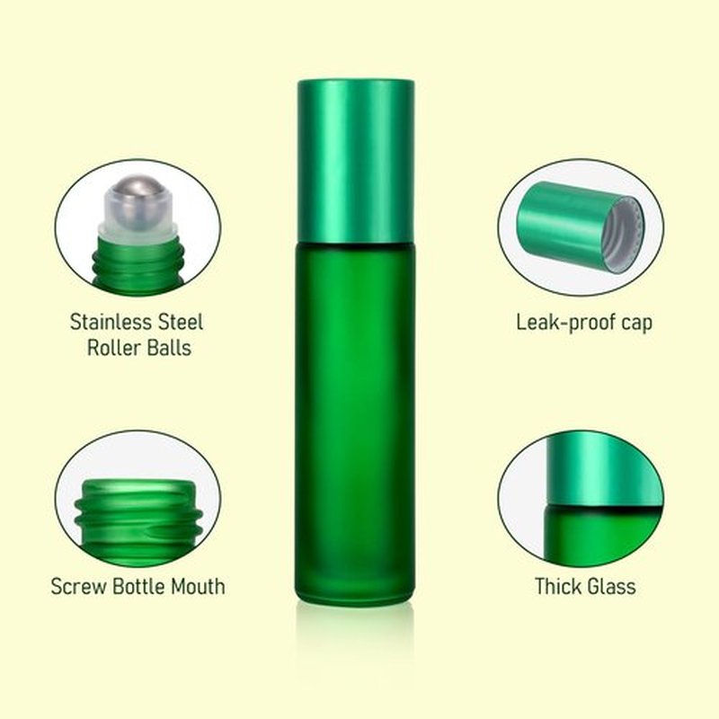 Kesell 10pcs Empty Roll on Glass Bottles, 10ml 1/3 Oz Essential Oil Roller Bottles with Stainless Steel Roller Balls - Green Color