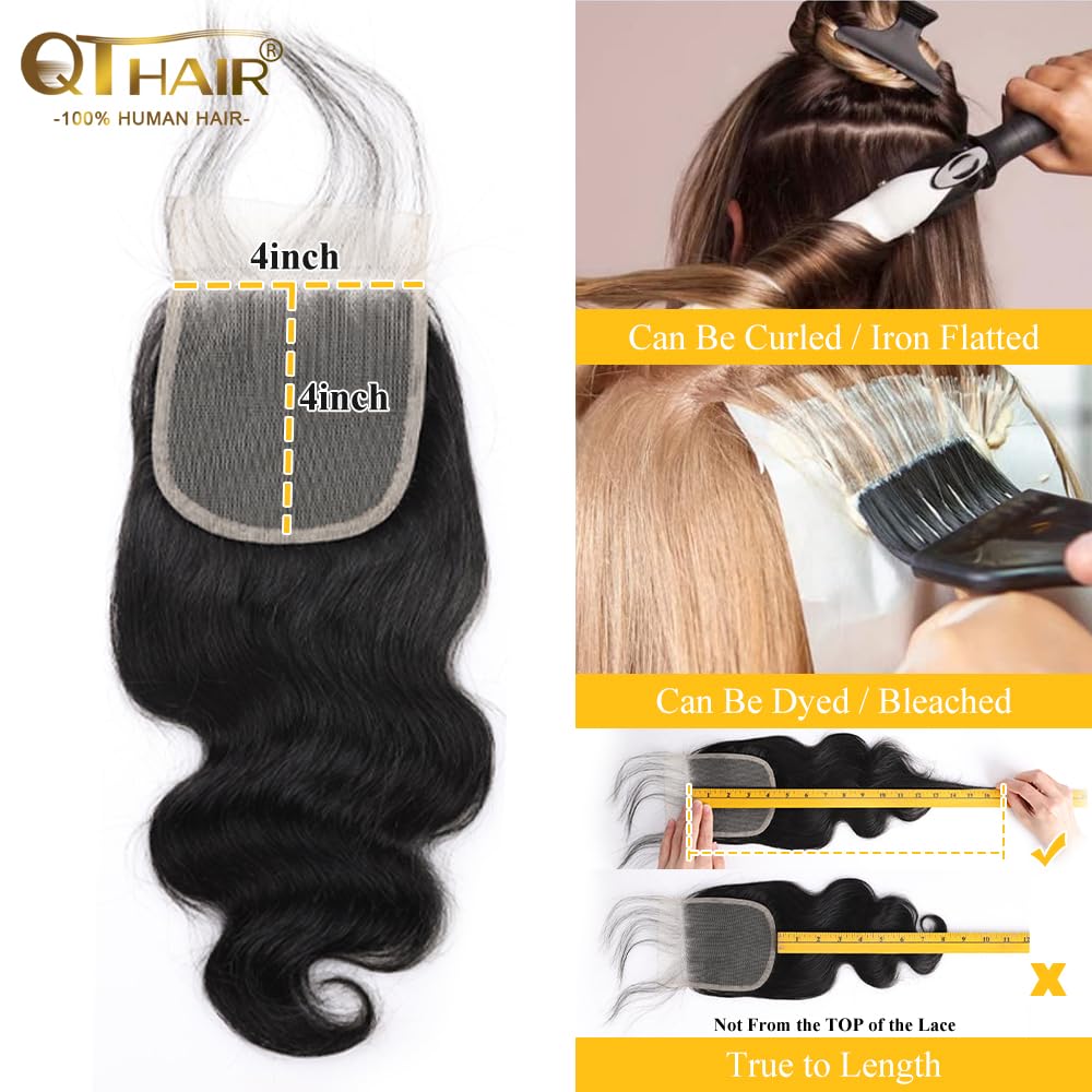 QTHAIR 12A Brazilian Body Wave Human Hair Lace Closure(20" Free Part Natural Black) 100% Unprocessed Brazilian Body Wave Virgin Hair Swiss Lace Closure 130% Density 4x4 Closure