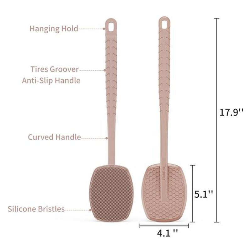 iTokGoK® All New Premium Silicone Back Scrubber with Tire Anti-Slip Long Handle for Shower, Gentle Exfoliating and Massage Brush Scrubber for Sensitive Skin for Men and Women (Sand Pink)
