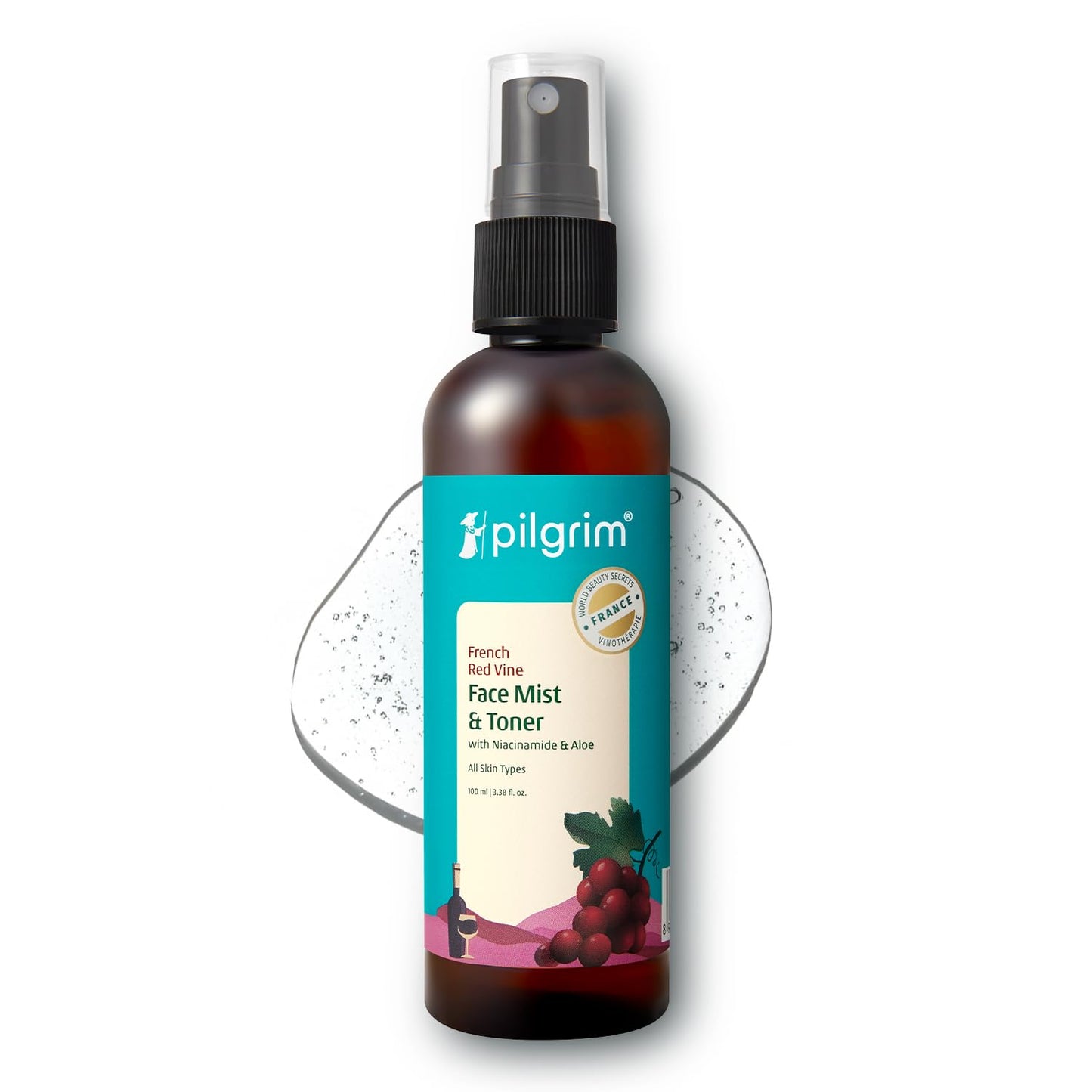 Pilgrim French Red Vine Face Mist & Toner with Niacinamide & Aloe | Hydrating Facial Spray for Oil Balance, Pore Care, Refreshing Glow | Alcohol-Free | 3.38 Fl Oz (100ml)