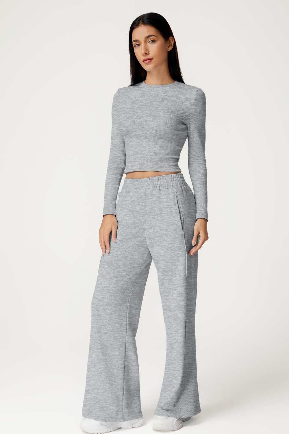 QINSEN 2 Piece Lounge Sets for Women Crewneck Long Sleeve Tops Wide Leg Pants Fall OutfitsGrey L