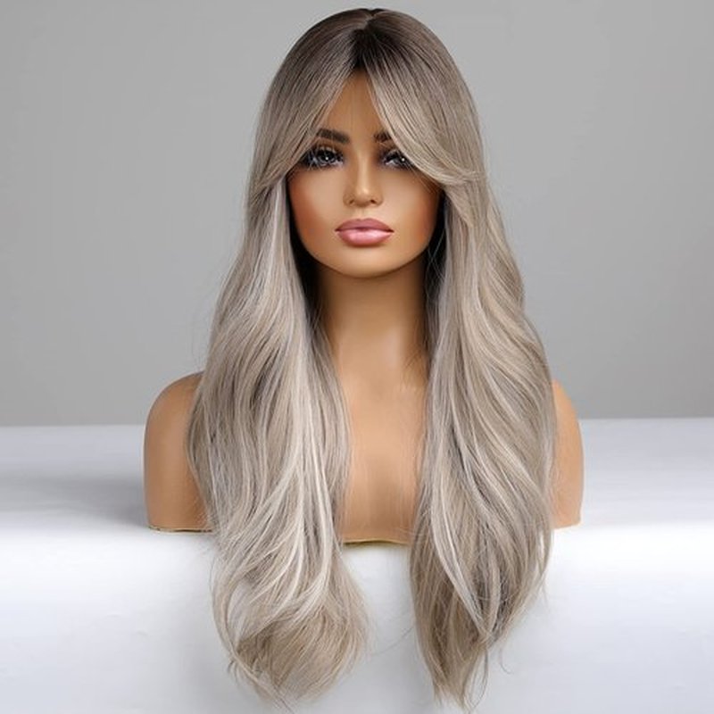 BERON Ombre Gray Wigs Long Wavy Women Wigs with Bangs Gray Blonde Curly Heat Resistant Synthetic Wigs for Daily Wigs Wig Cap Included