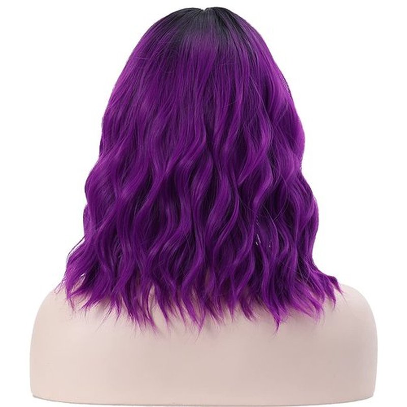 BERON 14 Inches Black Purple Ombre Wig Short Curly Wig with Bangs Purple Wig Synthetic Wigs Women Girls Ombre Wig with Wig Cap