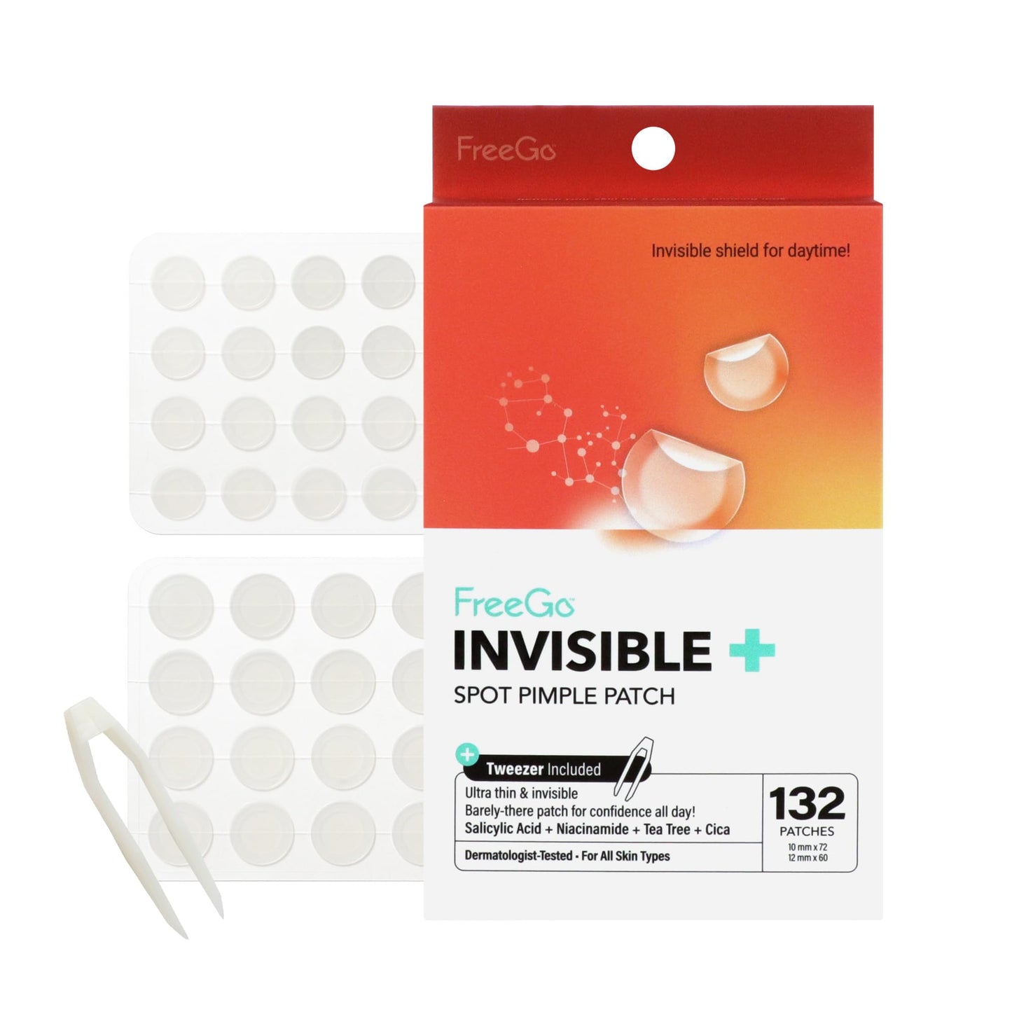 FreeGo Invisible+ Hydrocolloid Spot Pimple Patches for Face, Large Patches for Breakouts, Zit, Blemish Spot, Facial Stickers, Korean Pimple Patches (132 Counts)