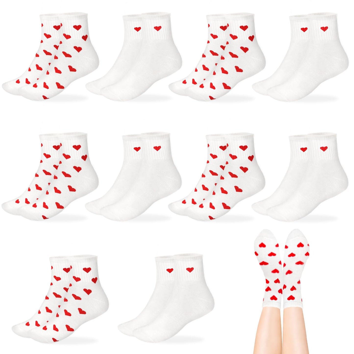 Xanllaxa 10 Pairs Cute Heart White Red Socks,2 Styles Ankle Socks for Women,Frilly Fun Heart Pattern Crew Socks,Novelty Aesthetic Sock for Girls,Valentine's Day,Gifts,Party