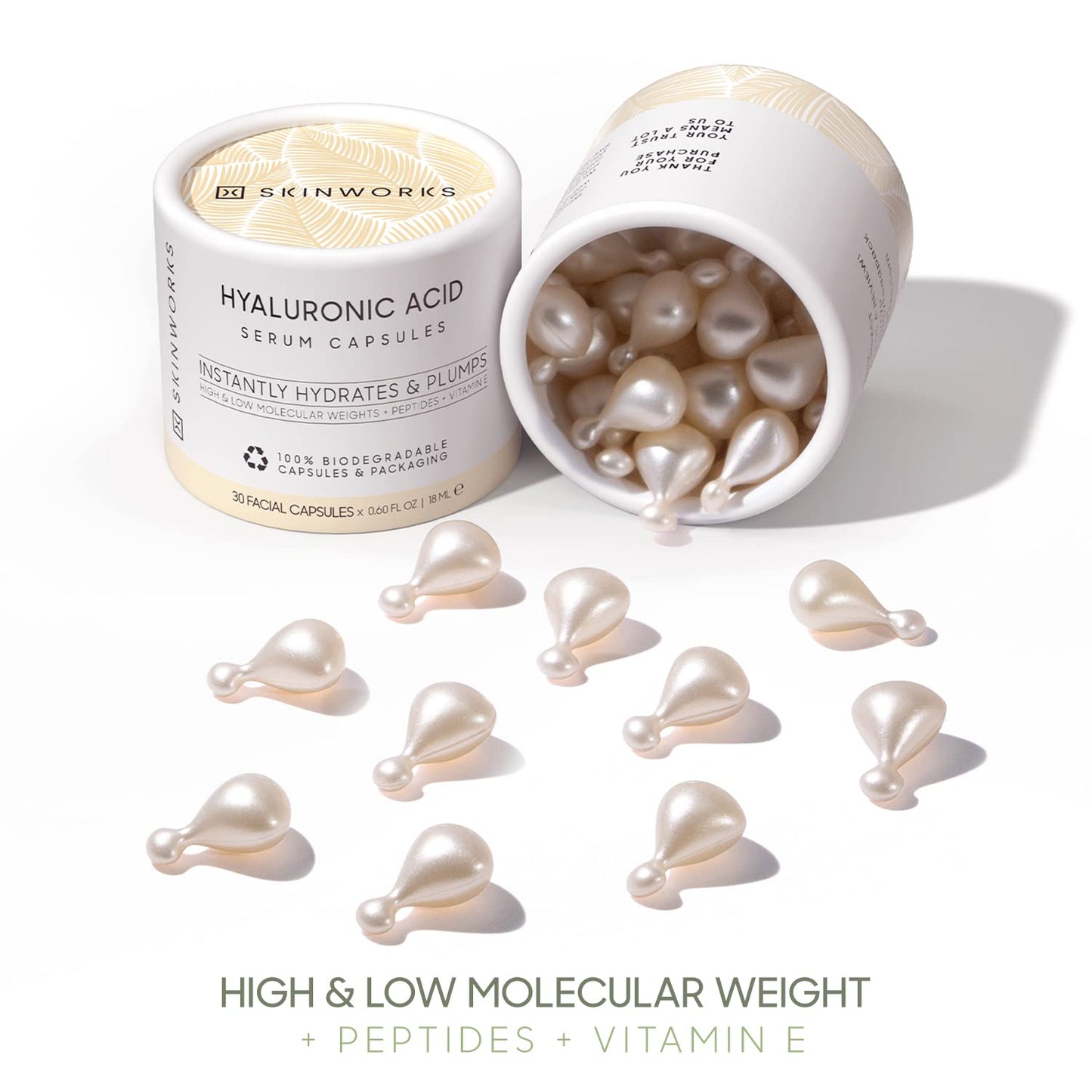 SKINWORKS Hyaluronic Acid Serum for Face, Anti Aging Serum for Fine Lines & Wrinkles, Hydrating Glow Serum, Face Moisturizer Plump & Repair Dry Skin, Unscented, 60 Capsules