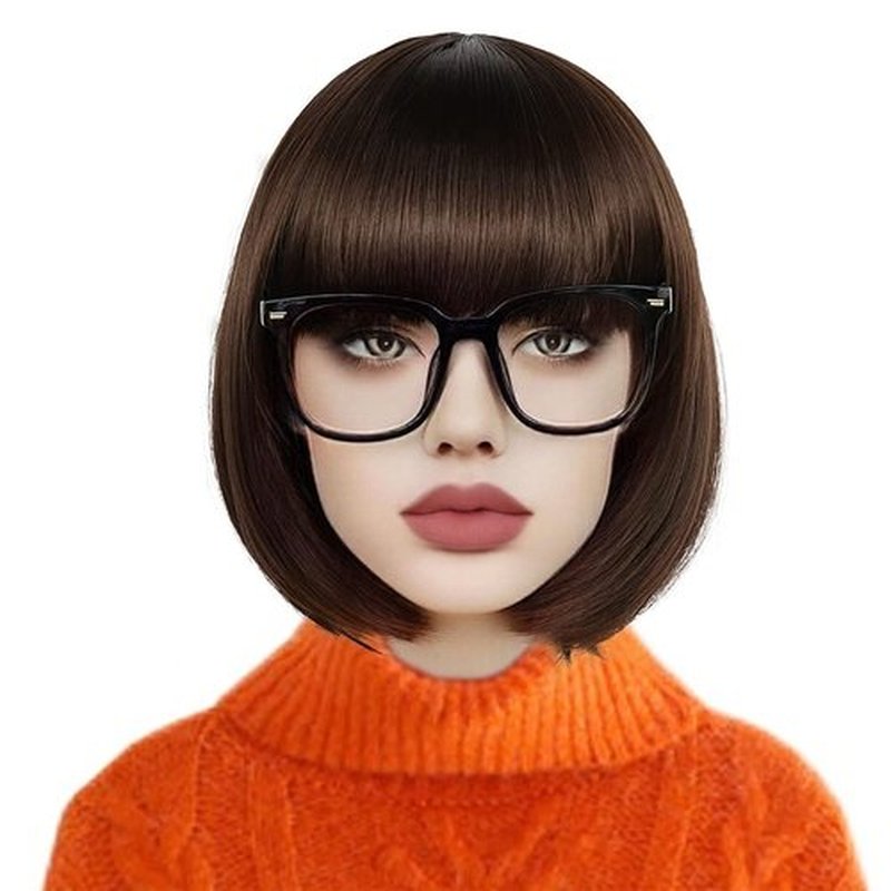 Ebingoo Velma Wig Brown Bob Wig +1 Black Glasses + 1 Wig Cap Short Bob Wig with Bangs for Women Halloween Cosplay Brown Straight Wig Synthetic Heat Resistant Wig for Women Girls Anime Party Daily Wear