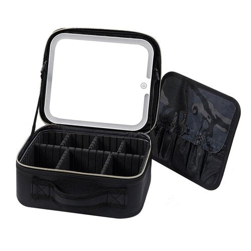JXAUDEKK Large Capacity Travel Makeup Train Case with LED Mirror,Rechargeable LED Light for Makeup Cosmetic Case with Brushes Storage Organizer,Travel Box Cosmetic Bag for Women (black)