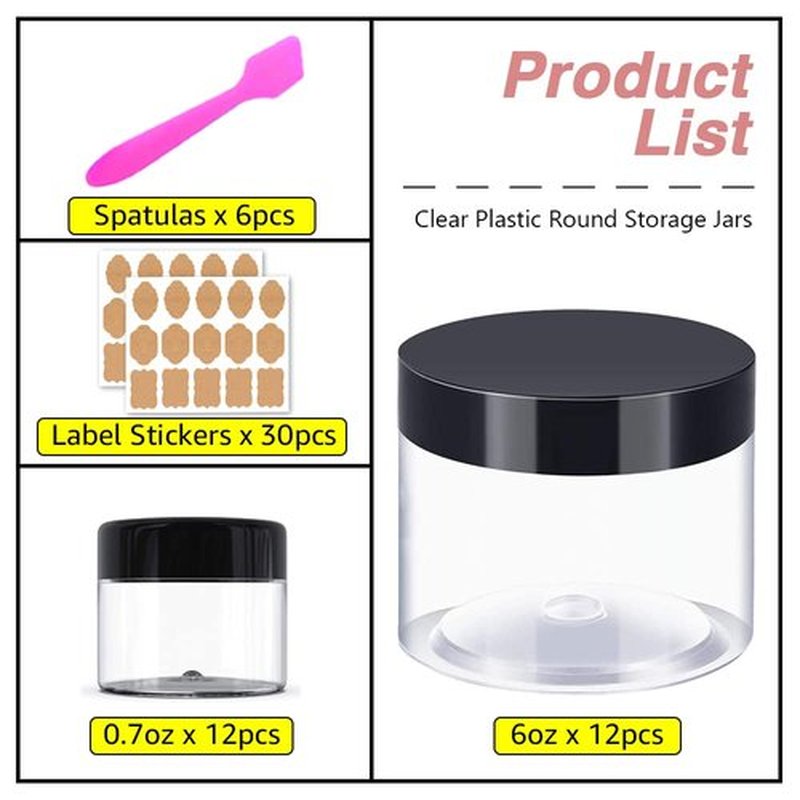6 oz Small Plastic Containers with Lids Plastic Jars with Lids + 20g/20ml Small Containers with Lids Cosmetic Sample Jar (24 Pack) - for Lip Scrub, Body Butters, Cream, Slime, Craft Storage