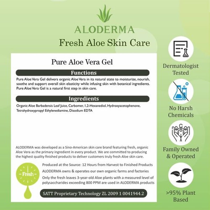 Aloderma 99% Organic Aloe Vera Gel Made within 12 Hours of Harvest - Pump Bottle - Lightweight Aloe Gel for Face and Body, Soothing and Hydrating Sunburn Relief, Great for Scalp & Hair, 3btls x 10.6oz