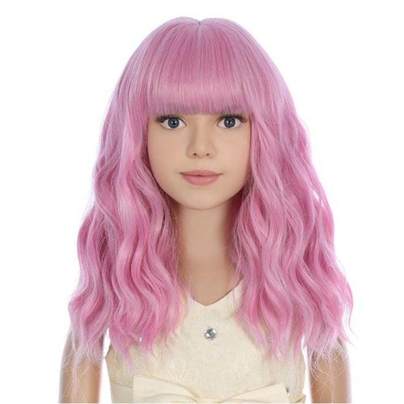PATTNIUM Light Pink Wig Kids Short Wavy Wig Pink Wig with Bangs Girls Pink Wig Synthetic Wig Cosplay Costume Wig (Light Pink)