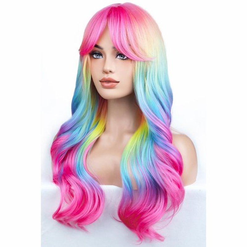 BERON Rainbow Ombre Wigs Long Wavy Wig for Women with Bangs Colorful Ombre Costume Curly Heat Resistant Synthetic Hair Wigs for Cosplay or Daily