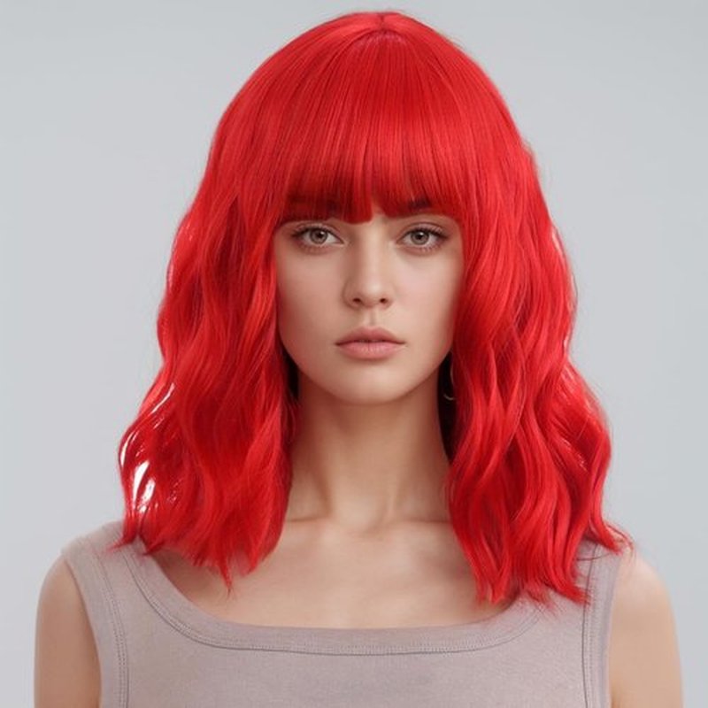 MAGQOO Red Wig Bright Red Wig Women Bright Red Bob Wig Short Curly Wavy Red Wigs with Bangs Synthetic Heat Resistant Costume Wig Cap Included (14", Red)