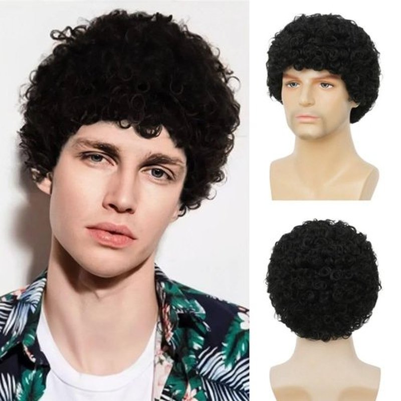 Salaibs Mens Black Afro Curly Wig Short Rocker Wig California Halloween Cosplay Costume Synthetic Replacement Wigs
