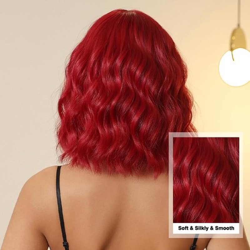 Allbell Red Wigs for Women Short Wavy Bob Wig with Bangs Heat Resistant Synthetic Hair Daily Cosplay Party Use