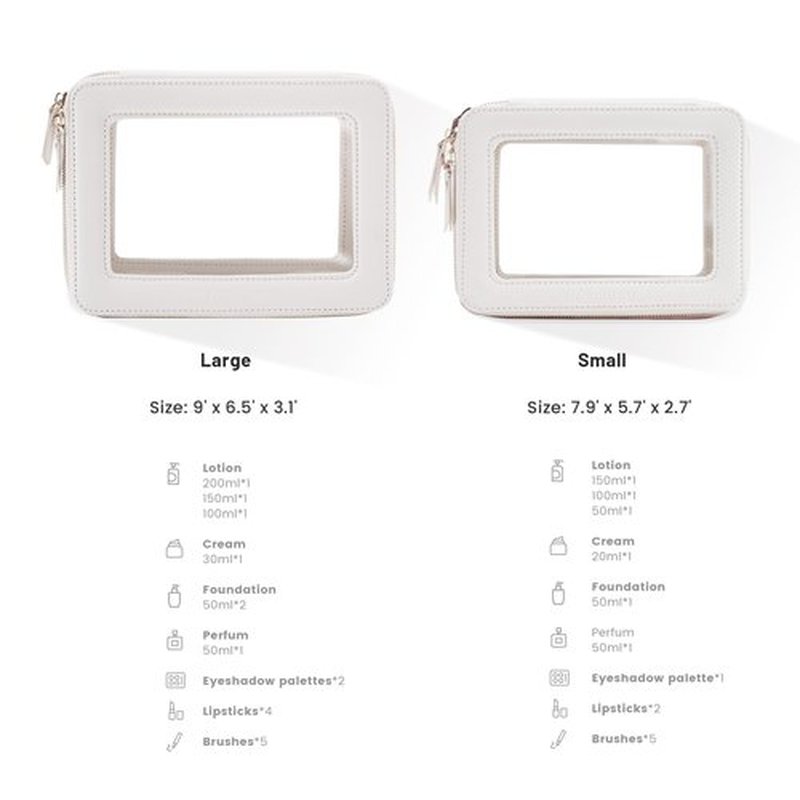 Aveniee Clear Makeup Bag Organizer, Portable Travel Toiletry Cosmetic Case for Women, Vegan Leather Make Up Pouch with Clear Windows & Gold Zippers 2pcs(Middle+Large)- White