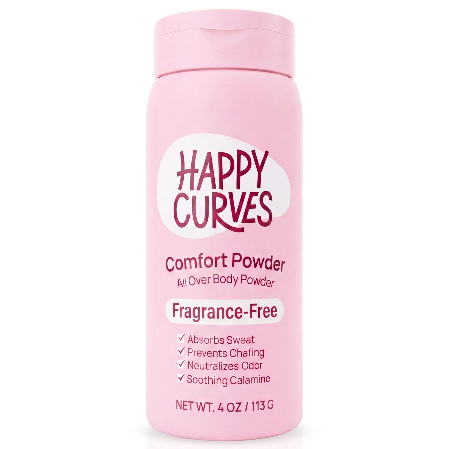 HAPPY CURVES Comfort Powder: Talc Free Anti Chafe Body & Foot Dusting Powder Deodorant to Control Inner Thigh Chafing, Private Areas, and All Over Body for Women (4 Ounce (Pack of 1), Fragrance-Free)