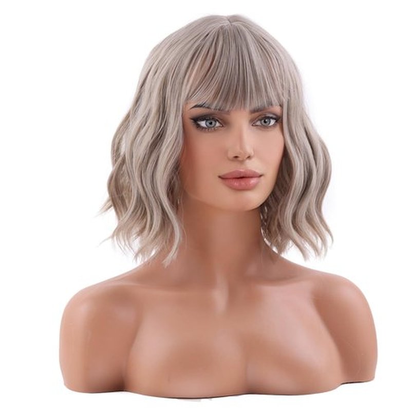 MAGQOO Blonde Wig for Women Short Mixed Blonde Wig Ash Blonde Bob Wig with Bangs Shoulder Length Loose Wave Wig for Girls Synthetic Cosplay Wig