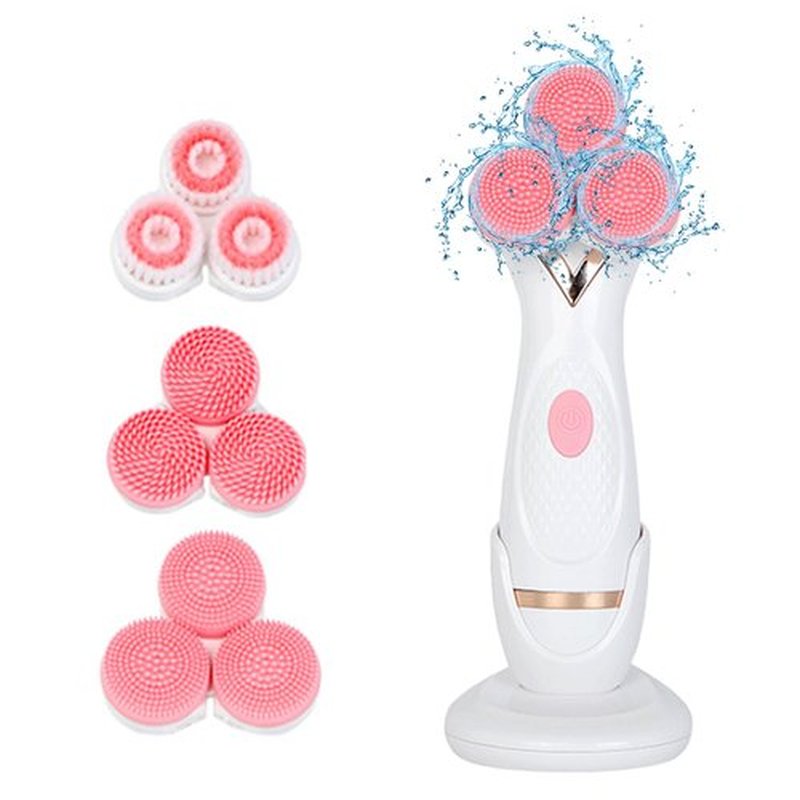 Facial Cleansing Brush, 3 in 1 Face Scrubber Rechargable Waterproof Electric Spin Cleanser with 3 Brush Heads, Electric Face Wash Brush for Exfoliating, Deep Cleansing and Massaging (Pink)