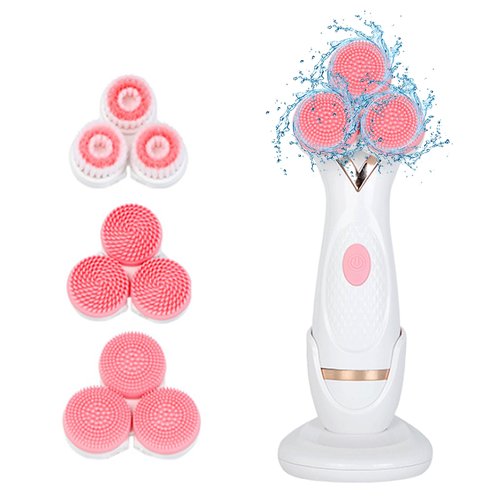 Facial Cleansing Brush, 3 in 1 Face Scrubber Rechargable Waterproof Electric Spin Cleanser with 3 Brush Heads, Electric Face Wash Brush for Exfoliating, Deep Cleansing and Massaging (Pink)
