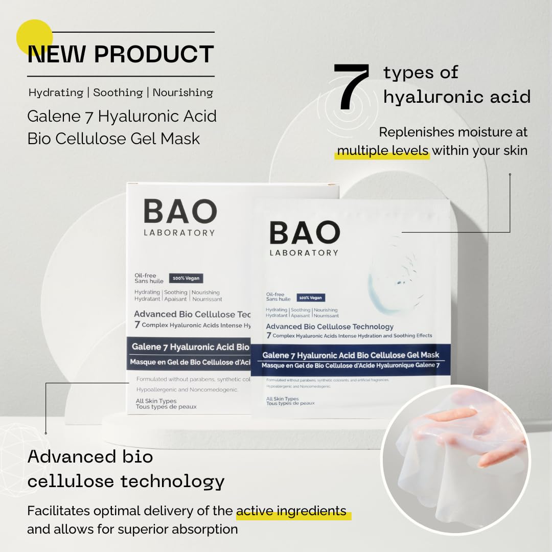 BAO Laboratory Galene 7 Hyaluronic Acid Bio Cellulose Gel Mask | Intense Hydration & Soothing Effects for Face | Skin Care Face Facial Mask | 100% Vegan, 330 g (6 pairs)