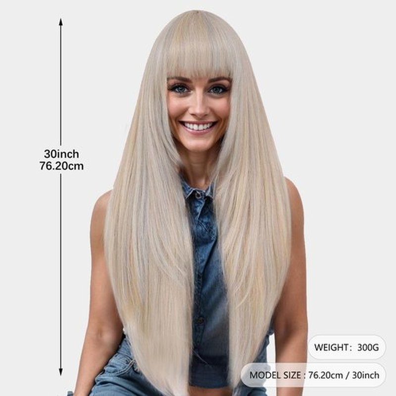 meiliprotea Blonde Striaght Layered Wig with Bangs Wear and Go Glueless Wig 30 Inch Blonde Wig with Bangs Layered Cut Long Straight Synthetic Wig for Women Daily Use(Blonde)