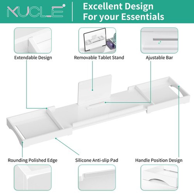 Kucle Expandable Acrylic Bathtub Tray - 23-42 Inches Bath Caddy Tray for Bathtub, Luxury Bath Tub Tray Table for Home Spa, Bath Tray for Tub, Bathroom Tub Accessory Birthday Gift for Her (White)