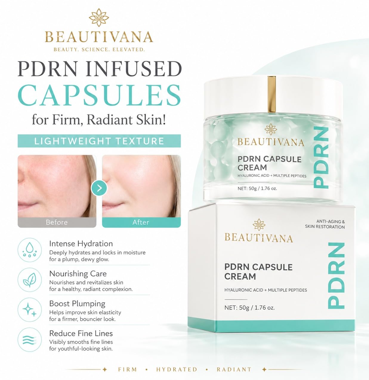 BEAUTIVANA PDRN Capsule Cream with Hyaluronic Acid and Multiple Peptides, Anti-Aging Face Moisturizer for Firming and Wrinkle Reduction, Korean Skin Care, 1.76 oz