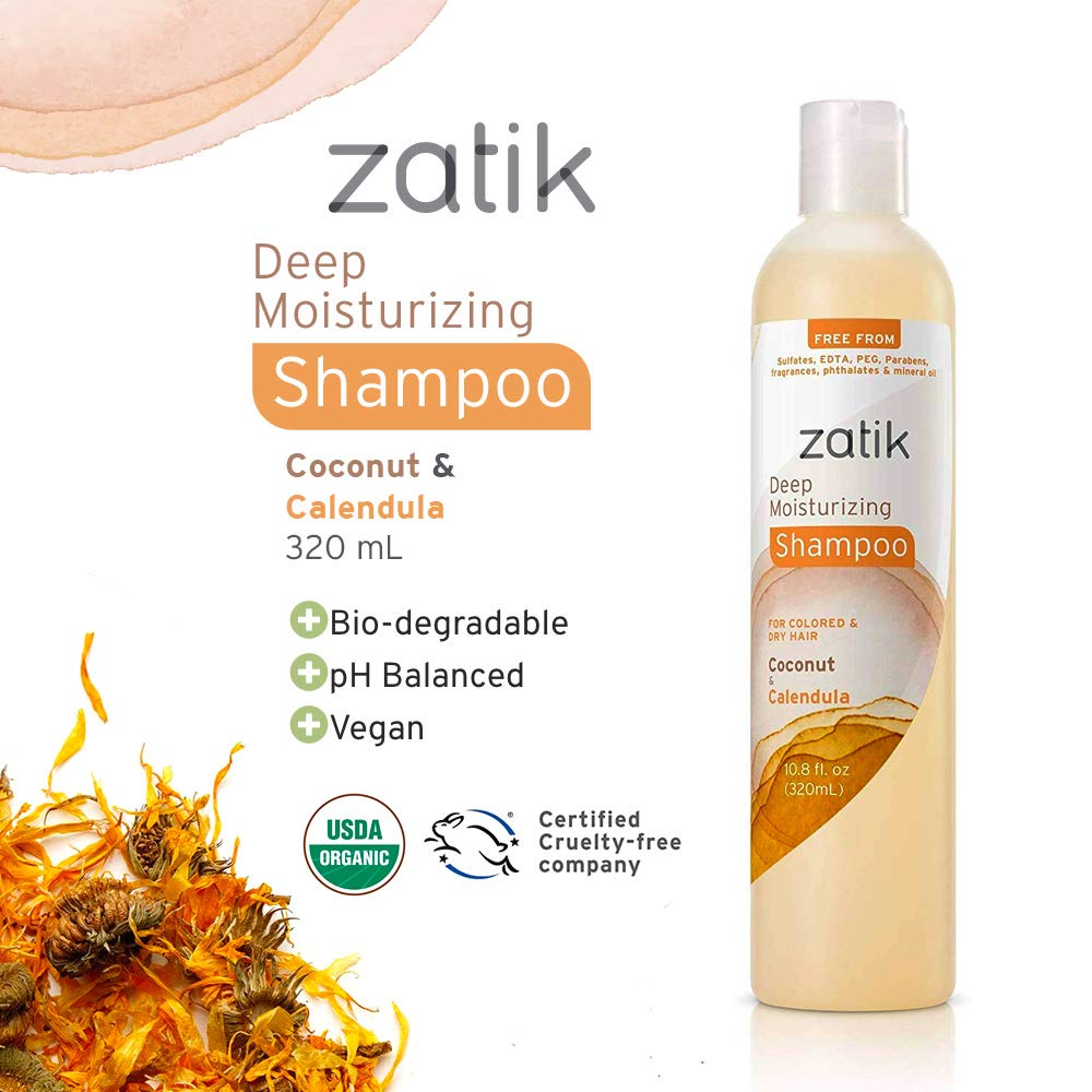 Zatik Naturals - Deep Moisturizing Shampoo with Coconut & Calendula - Vegan, Biodegradable, pH balanced, for Colored and Dry Hair, Free From Sulfates, phthalates & Synthetic Fragrances - 10.8 Fl Oz