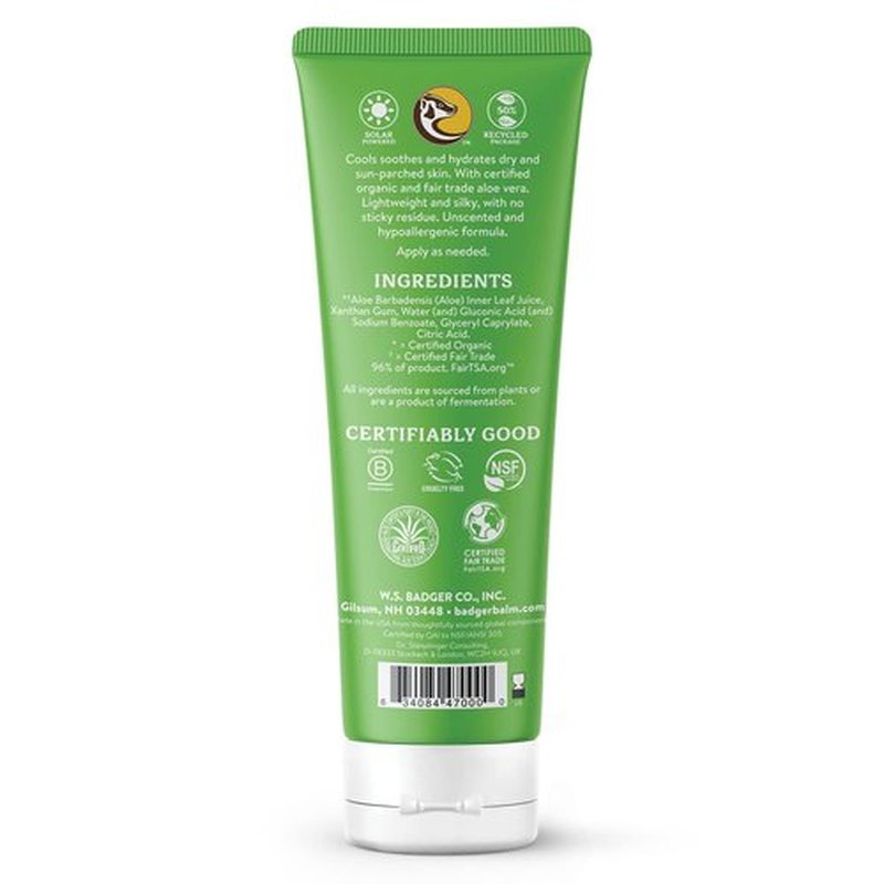 Badger Aloe Vera Gel for Sunburn Relief, Fair Trade & Organic After Sun Care, Pure Cooling Soothing Aloe Vera Gel for Face & Skin, Hypoallergenic & Unscented, 4 fl oz