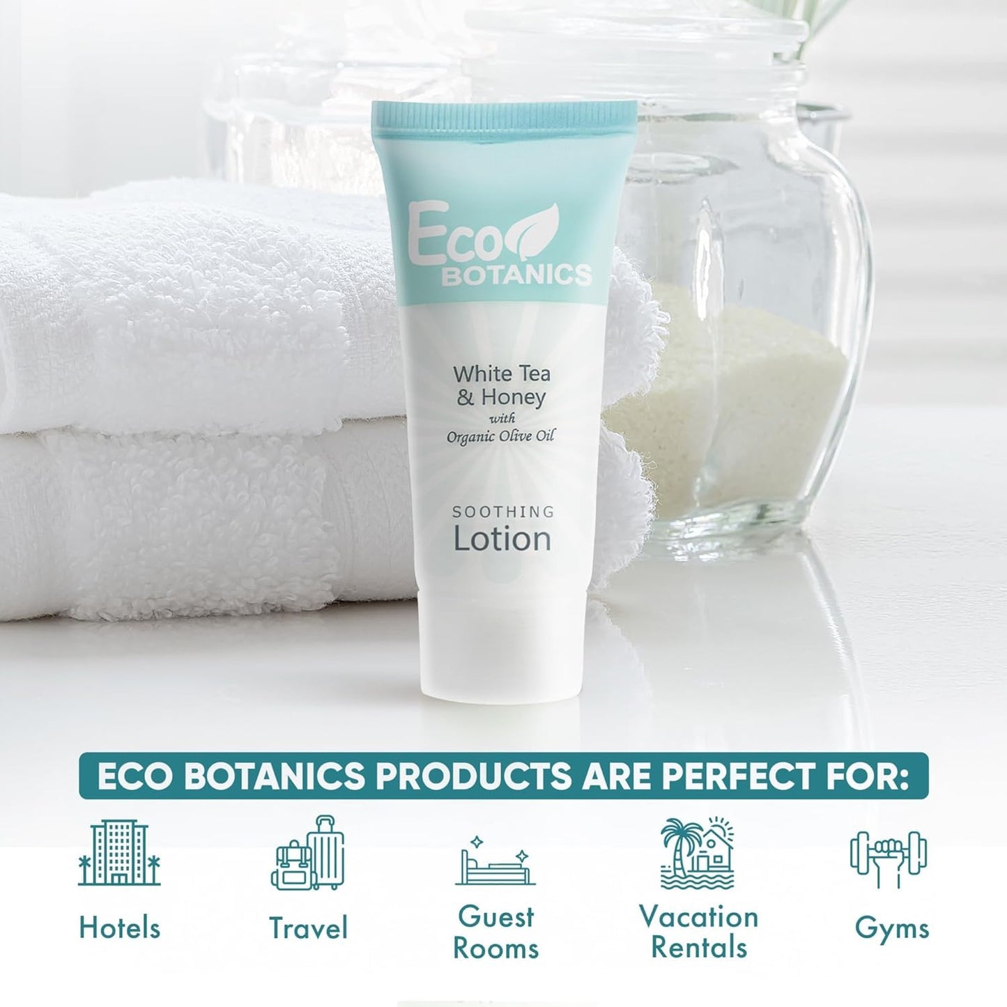 Travel Size Hotel Lotion 20 Count 0.85 oz Bottles Guest Amenities | Vacation Rentals and Short Term Rentals Paraben Free White Tea Scent Infused with Aloe Honey and Olive Oil by Eco Botanics