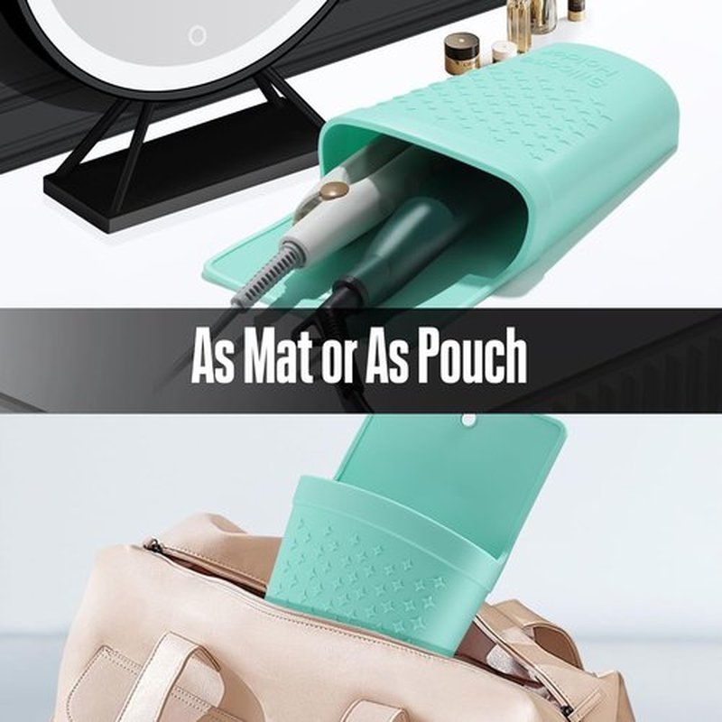 CROWATTS Heat Resistant Silicone Hair Iron Mat and Pouch,Portable Travel Hair Straightener Mat and Holder for Hair Styling Tools.1 Pack.(Mint Green)
