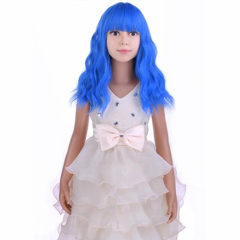PATTNIUM Kids Child Wig Blue Wig for Kids Short Blue Wig with Bangs for Girls Mixed Blue Wigs Cosplay Party Synthetic Wig with Wig Cap(Mixed Blue)
