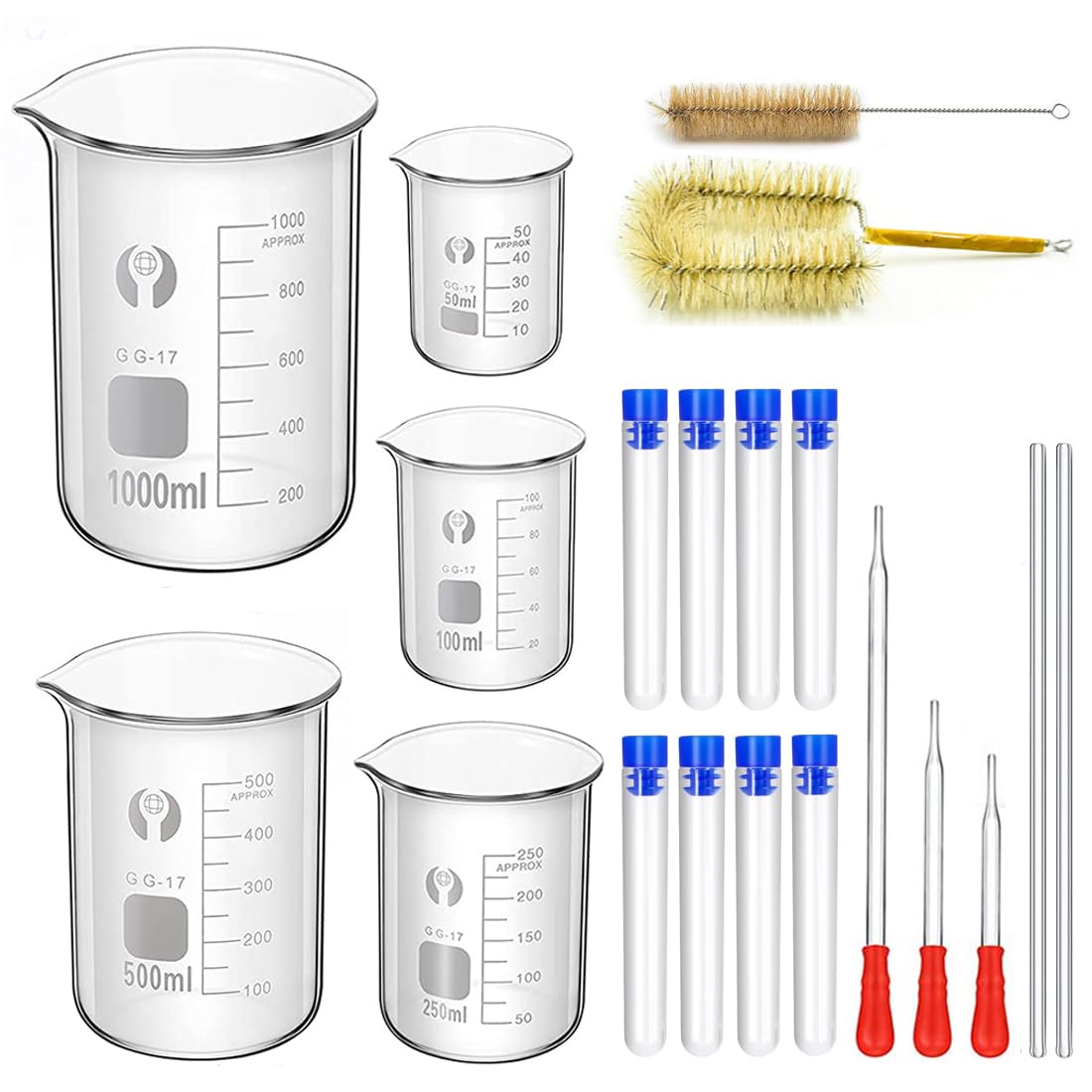 Glass Beakers Set, ZEEROQOLAB 5pcs Measuring Beaker 1000ml 500ml 250ml 100ml 50ml with 2pcs Cleaning Brush, 3pcs Droppers and 2pcs Glass Stirring Rods