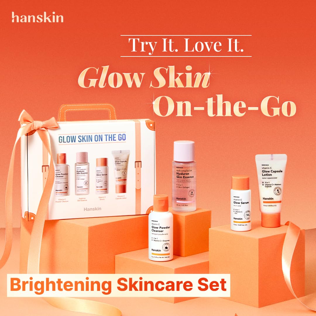 Hanskin Glow Skin On the Go Kit–Brightening & Hydrating Mini Skincare Set with Cleanser, Essence, Serum & Lotion | TSA-Friendly Travel Kit, Holiday Gift, Stocking Stuffer, Teen Girl & Women’s Skincare