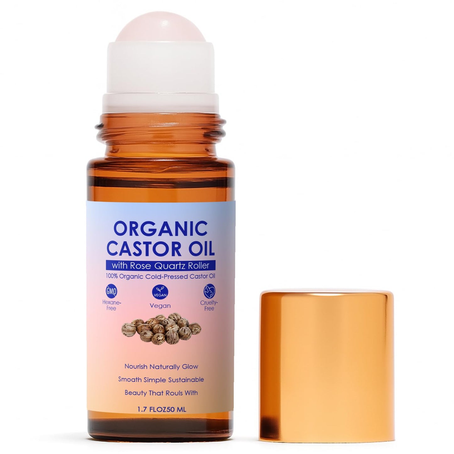 TOGOLIUN Organic Castor Oil Roll On with Rose Quartz Roller Ball, Cold-Pressed Hexane-Free, 100% Pure, Unscented Golden Castor Oil for Face, Neck, Brows, Lashes & Body, Unscented, 1.7 Fl Oz