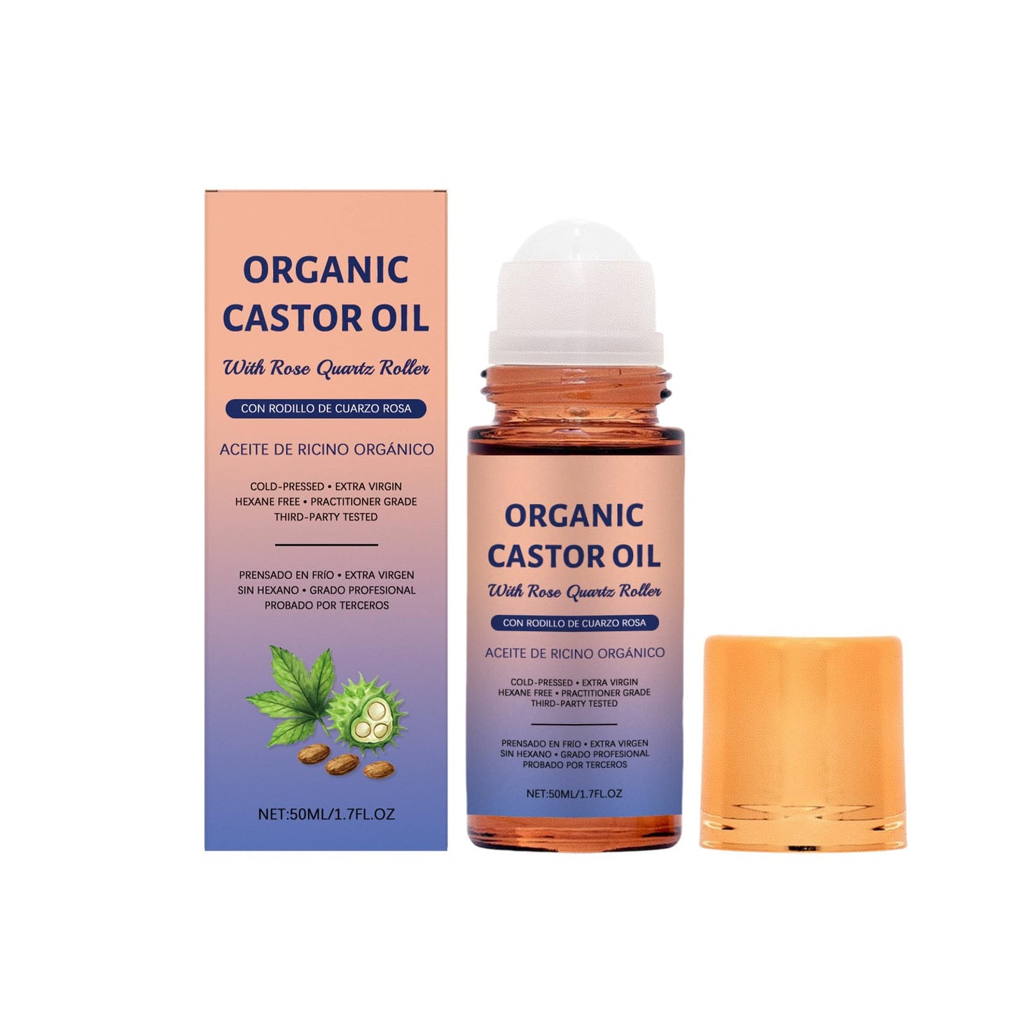 FLEXQW castor oil rose quartz roller ball,100% Pure Cold-Pressed, Organic Castor Oil Roll On Rose Quartz, Hexane-Free,Amber Glass Bottle for Skin 1.7oz(3)