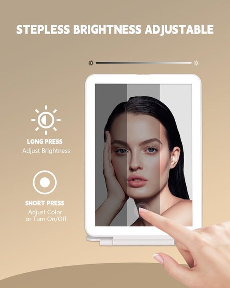 Dec.Metu Travel Mirror with Lights Makeup Mirror Touch Screen 3 Colors Light 72 LEDs Rechargeable, 1000mHA 7.9x5.3-Inch Desk Compact Mirror White