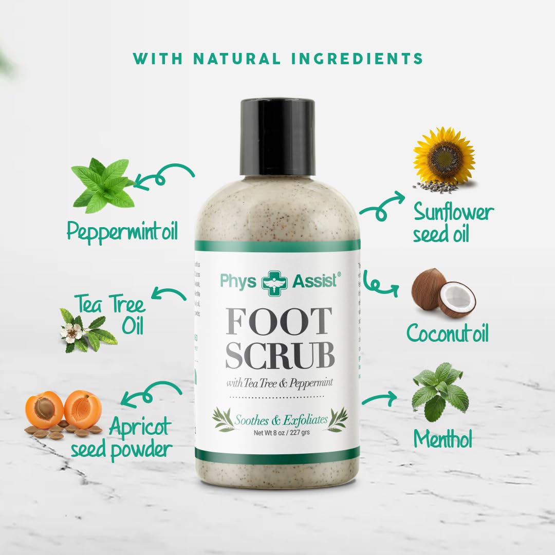 PhysAssist Foot Scrub – Exfoliating & Hydrating Foot Care Scrub for Dry, Rough Feet – Tea Tree, Peppermint & Apricot Seed Exfoliation – 8 oz Bottle