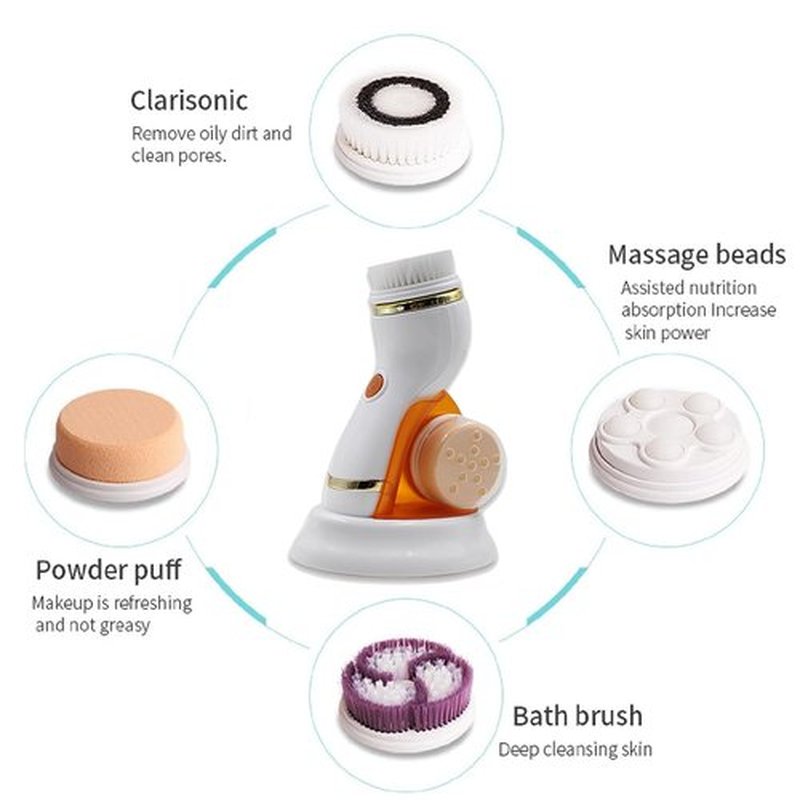 Facial Cleansing Brush, 4 in 1 Rechargeable Face Scrubber with 4 Brush Heads, Electric Face Scrubber for Women & Men, Deep Cleansing, Gentle Exfoliation and Massaging (Orange)