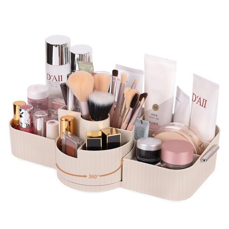 LAIMIJIN Countertop Makeup Organizer, Large Capacity Rotating Cosmetic Display Case for vanity, Spacious Makeup Skincare Storage Organizer with Makeup Brush Holder for Countertop (Cream)