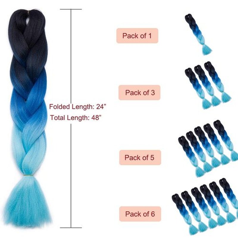 24 Inch Jumbo Braids Hair Extensions Ombre High Temperature Synthetic Hair African Rainbow Box Braiding Hair for Senegal Twist 100g/pack 3 Tones Black/Blue/Light Blue