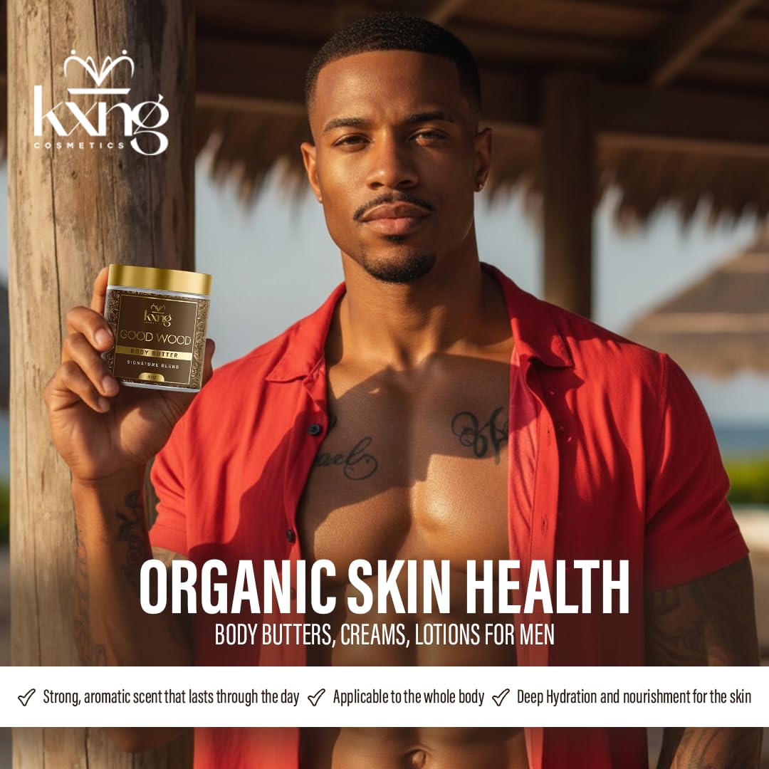 KXNG Cosmetics Organic Shea Body Butter Cream – 4oz | Mens Body Butter for Black Men & Women with Shea, Cocoa, Mango & Coconut Oil | Deep Moisturizing Cream for Dry Skin, Hands & Feet – Good Wood