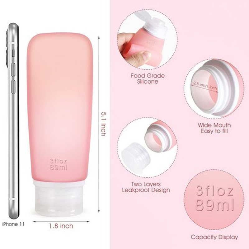 INSFIT Travel Bottles for Toiletries, 3oz Travel Containers for Toiletries Leakproof BPA Free TSA Approved Squeezable Silicone Tubes Travel Accessories with Labels Pink